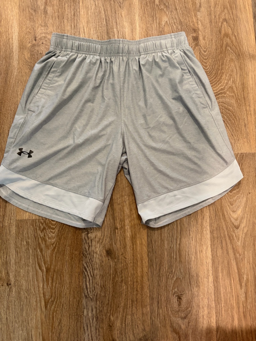 Under Armour Light Gray Athletic Shorts with White Mesh Hem